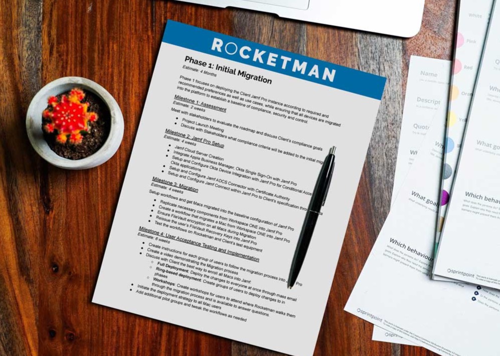 A printed Rocketman project roadmap document on a desk.
